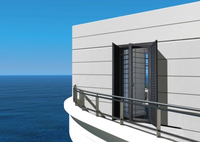 Modern house exterior with balcony and seascape view